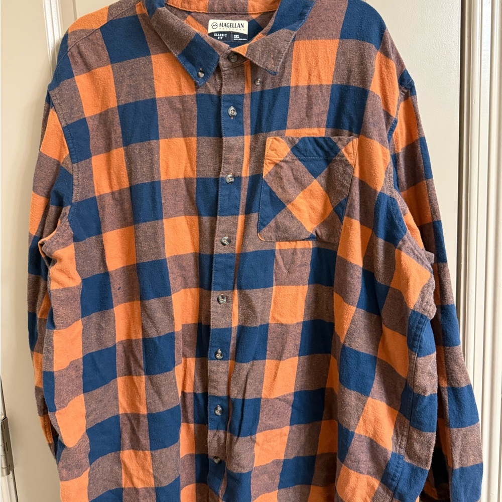 Magellan Outdoors Blue and Orange Plaid Shirt